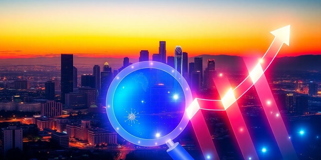 Los Angeles skyline with digital marketing icons.