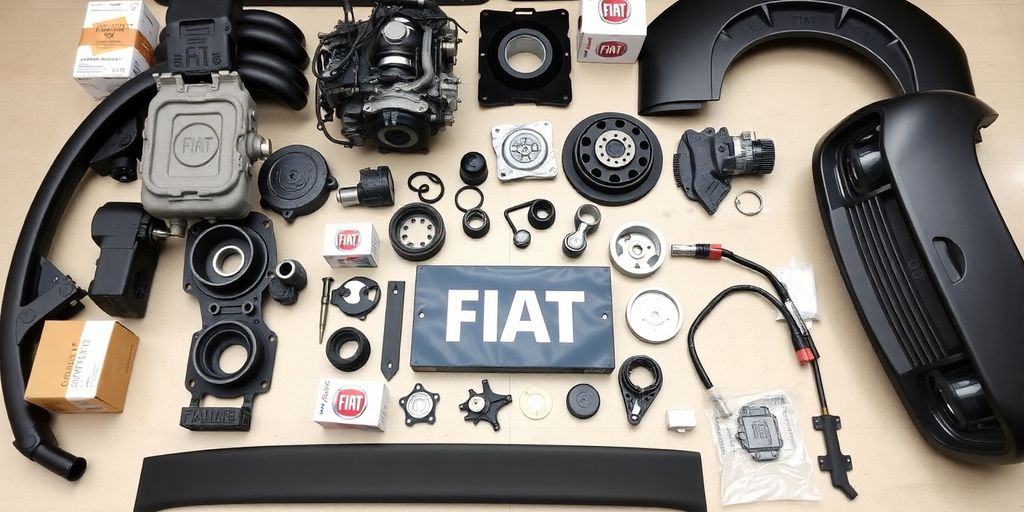 Fiat car parts arranged in an organized automotive workshop.