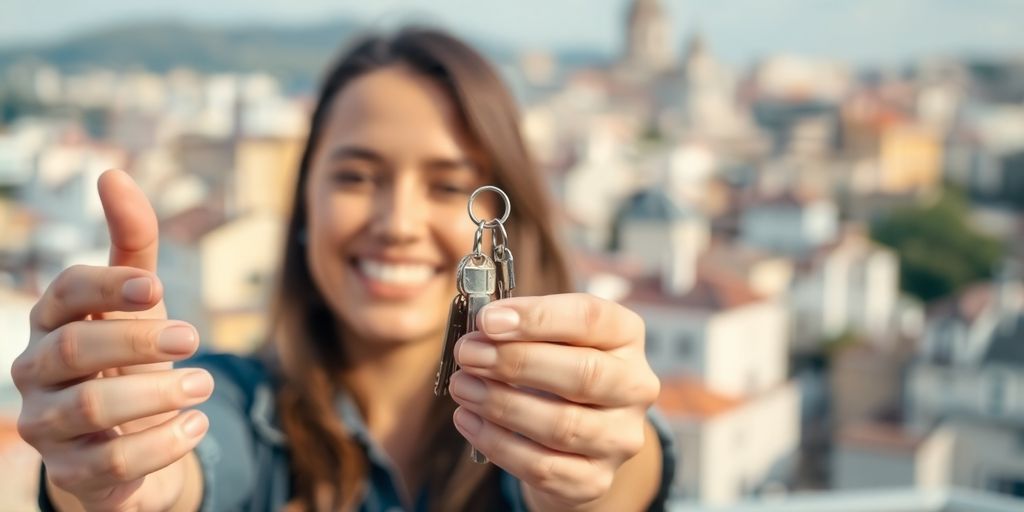 Persona feliz recibiendo llaves de una casa.