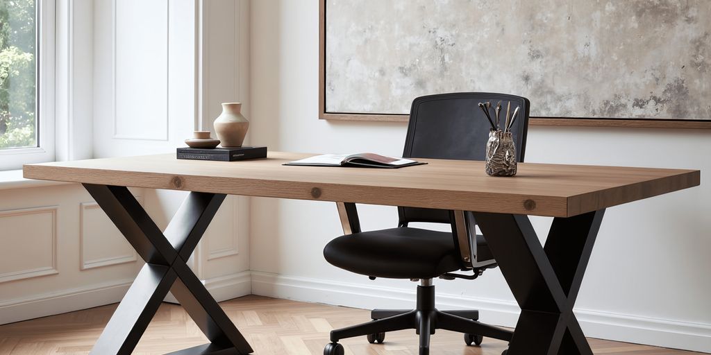 Modern office space with a wooden desk and black chair.