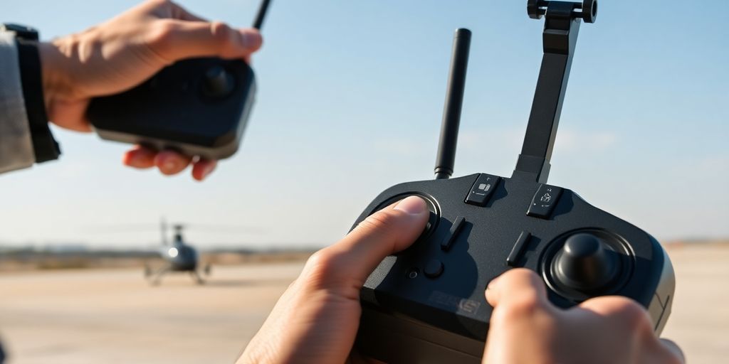 A pilot's hands holding a modern helicopter remote control.