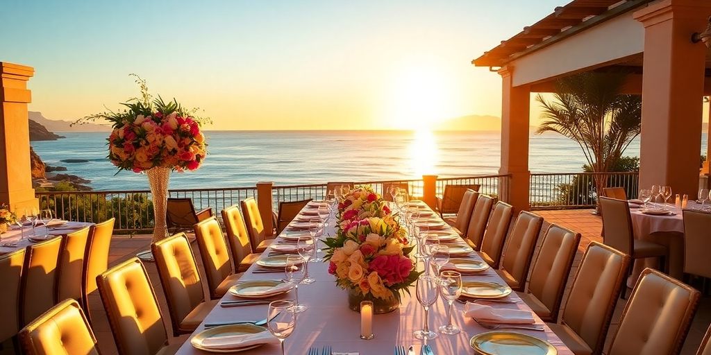 Luxury wedding reception table with ocean view in Cabo.