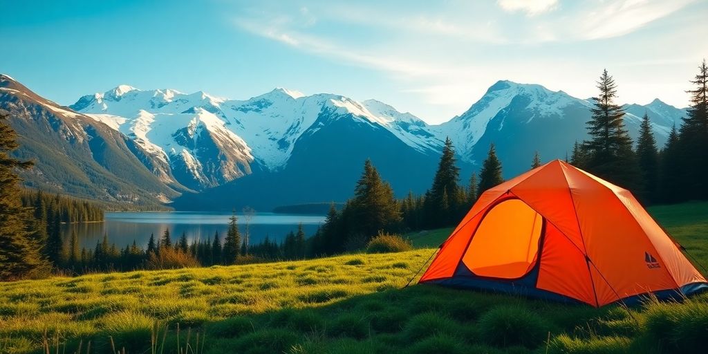 An orange tent in an Alaskan meadow before snowy mountains.