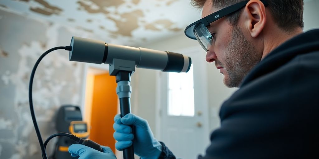 Technician inspecting for mold using advanced equipment.