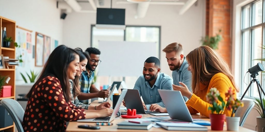 Grupo diverso de criadores de conteúdo colaborando juntos.