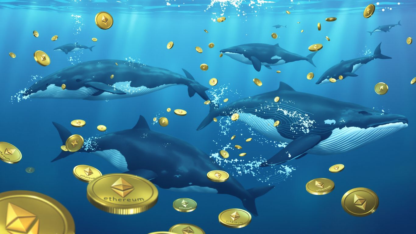 Whales swim around golden Ethereum coins underwater.