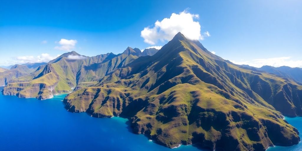 Lush green mountains meet turquoise waters on Hiva Oa.