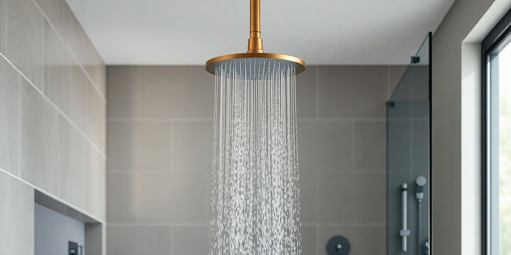 Brass rainfall shower in elegant bathroom.