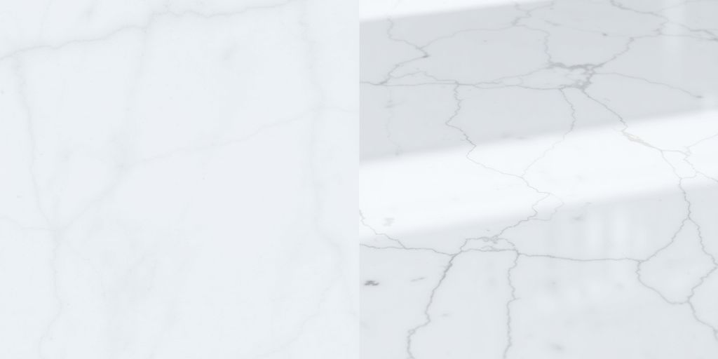 Honed marble with a soft sheen next to polished marble with a high gloss.