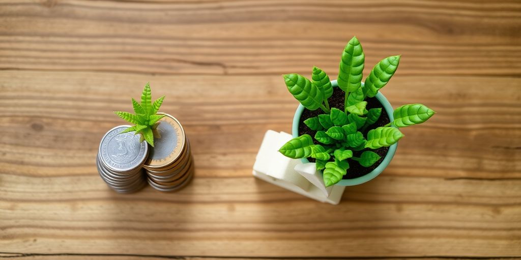 Table with coins, small plant, and miniature house