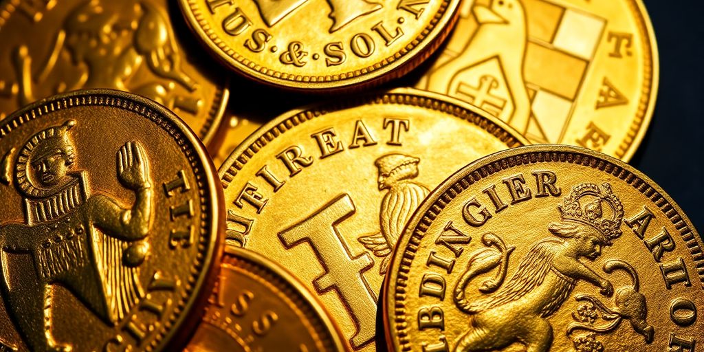 Pièces d'or anciennes brillants sous la lumière.