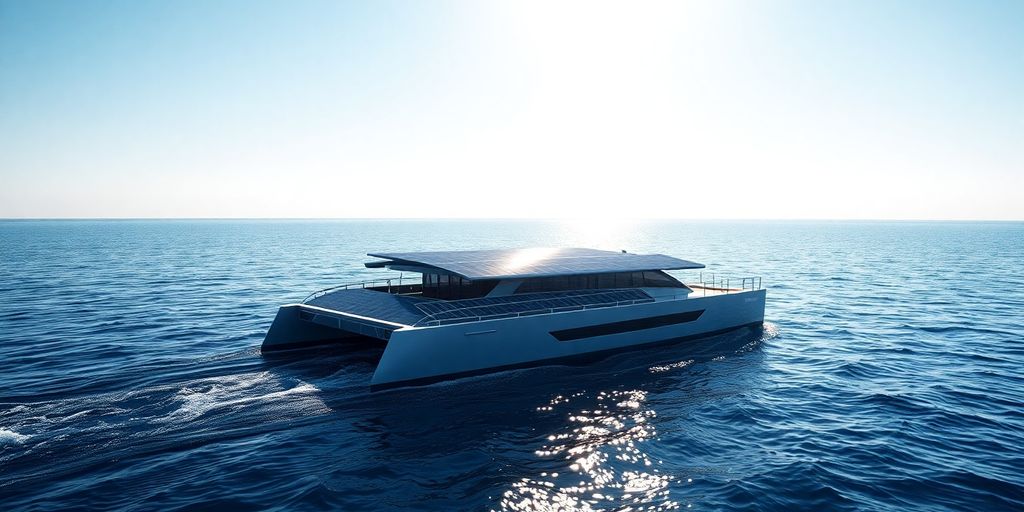 Catamaran solaire navigant sur l'eau.