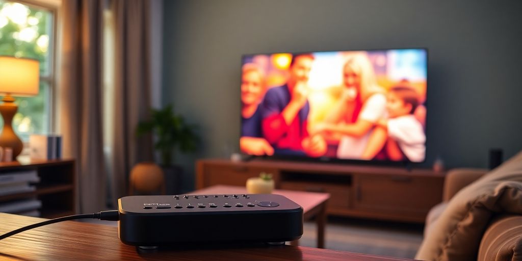 صورة لجهاز IPTV متصل بالتلفاز في غرفة معيشة