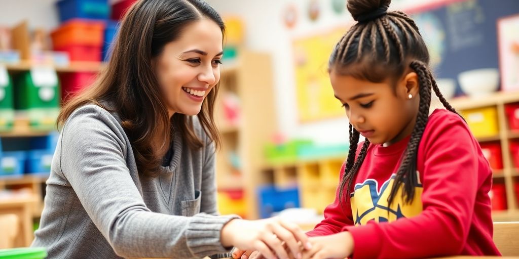 Teacher aide assists special needs student.
