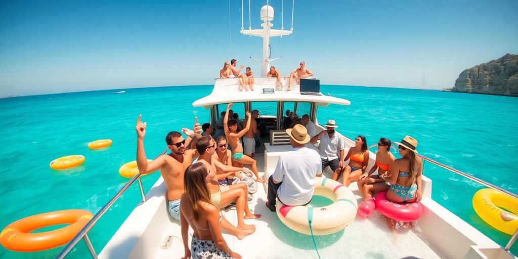Cabo bachelor party boat with DJ, open bar, and water toys.