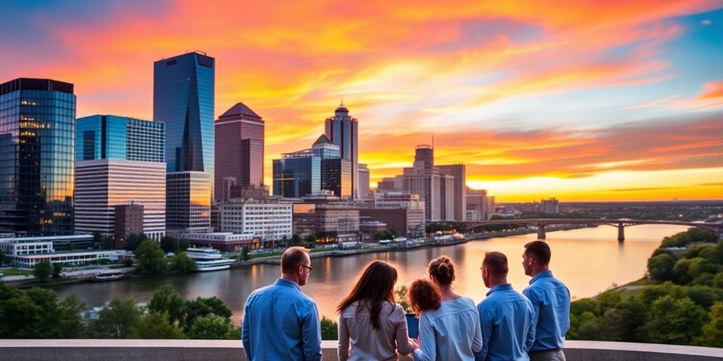 Nashville skyline with professionals collaborating outdoors at sunset.