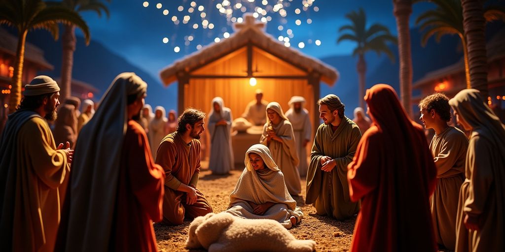 Colorful characters from Journey to Bethlehem in Nativity scene.