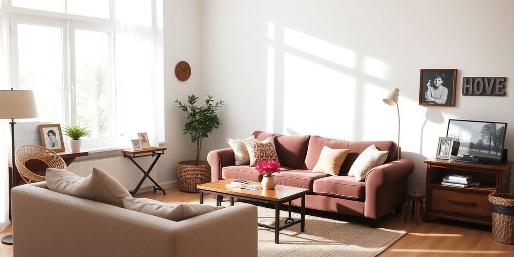 Minimalist living room with warm, inviting atmosphere.