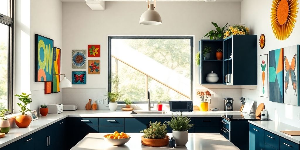 Vibrant office kitchen with stylish wall decor ideas.
