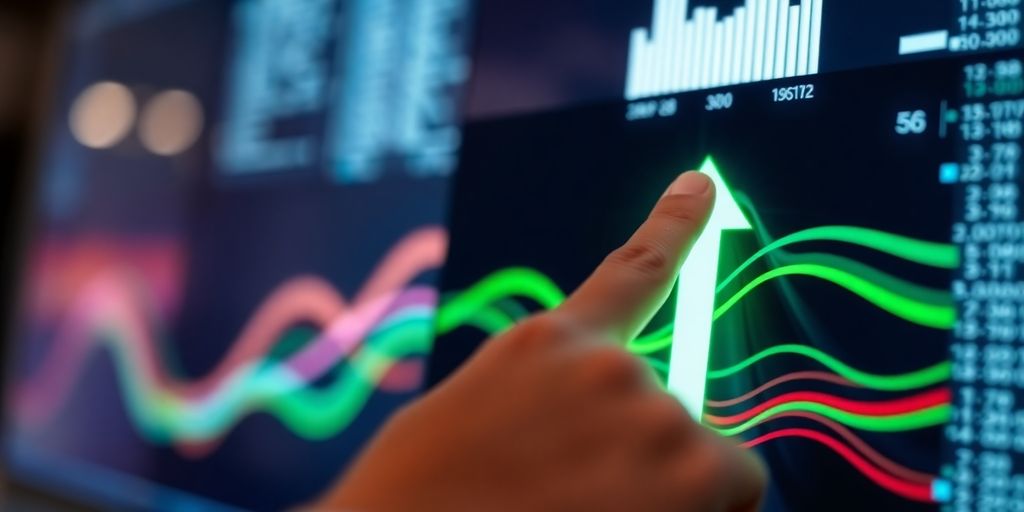 Green arrows on a black digital trading screen.