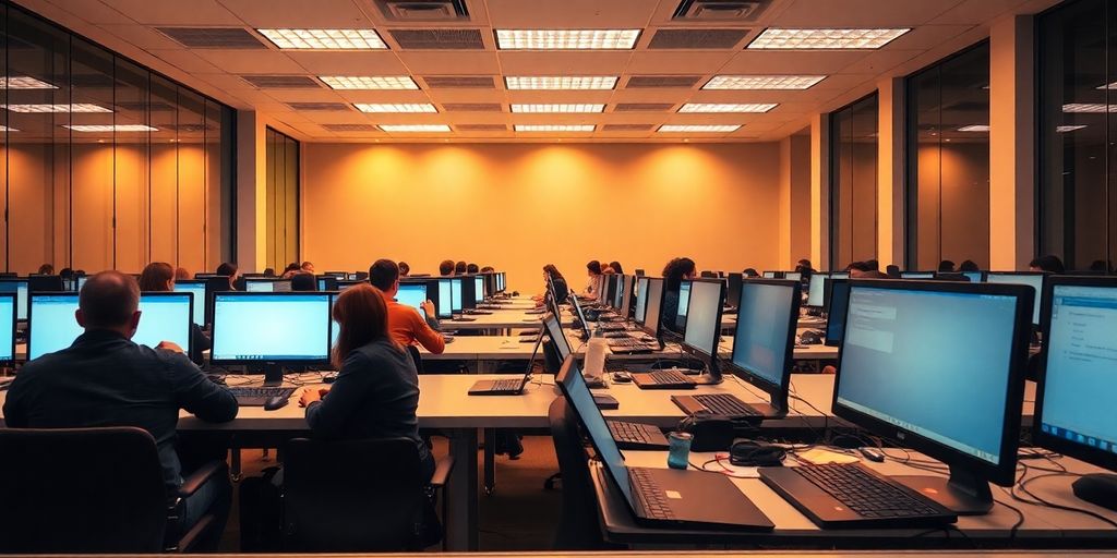 Person using a laptop in a bright classroom.