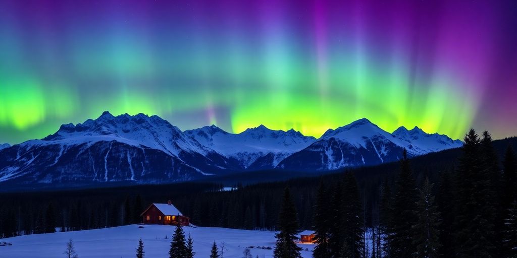 Green aurora borealis over snowy Alaskan mountains at night.