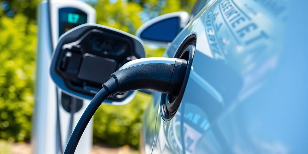 Electric vehicle charging at a modern station outdoors.