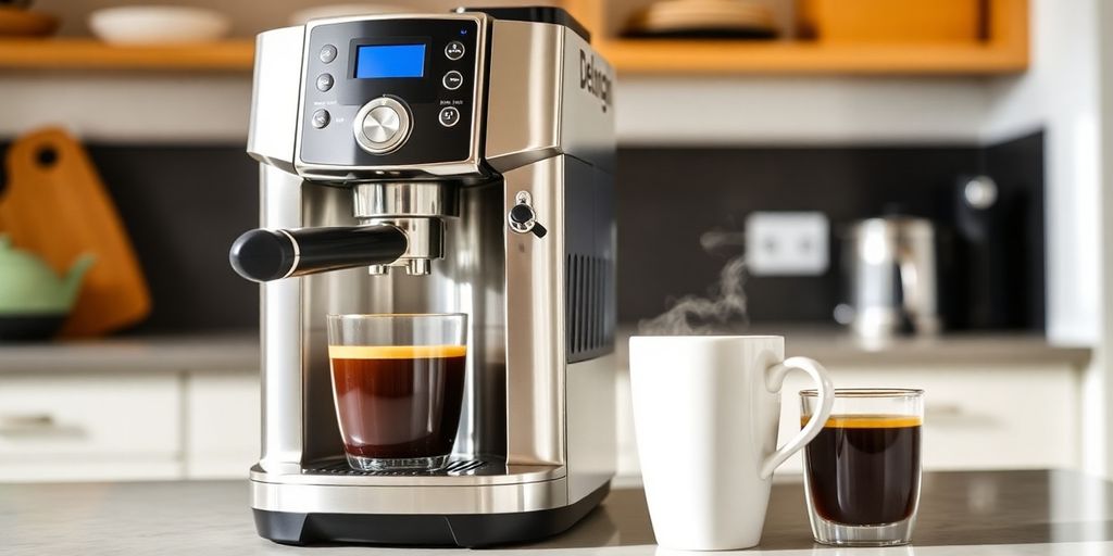 Delonghi Eco310 coffee machine on a countertop with coffee.
