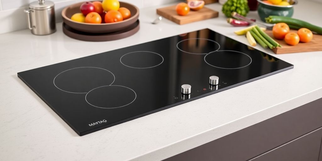 Maytag 30-inch electric cooktop in a modern kitchen.