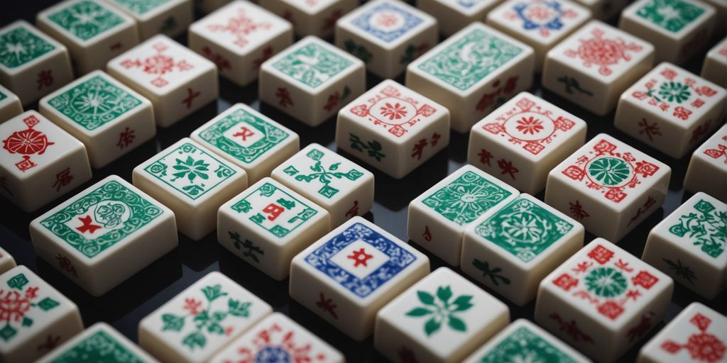 Mahjong tiles with honor tiles in focus.