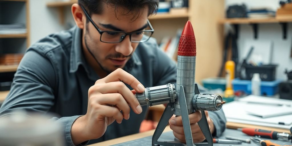 Person building a rocket ship with tools.