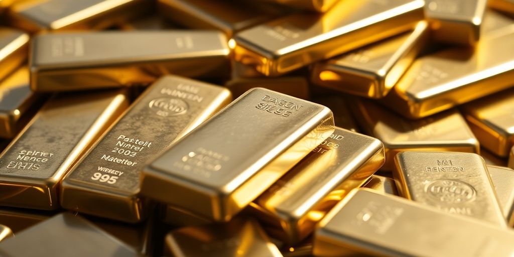 Lingots d'or et d'argent en tas brillant sous la lumière.