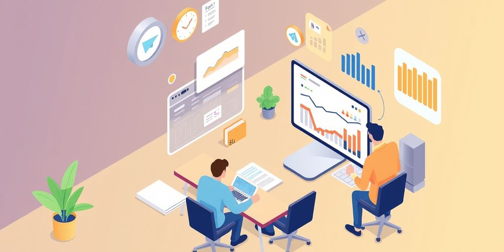 Isometric illustration of website analysis and optimisation.