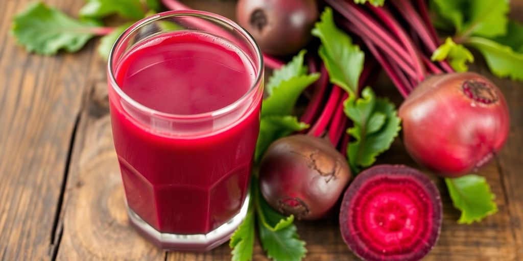 Glass of vibrant beetroot juice with fresh beets and green leaves.