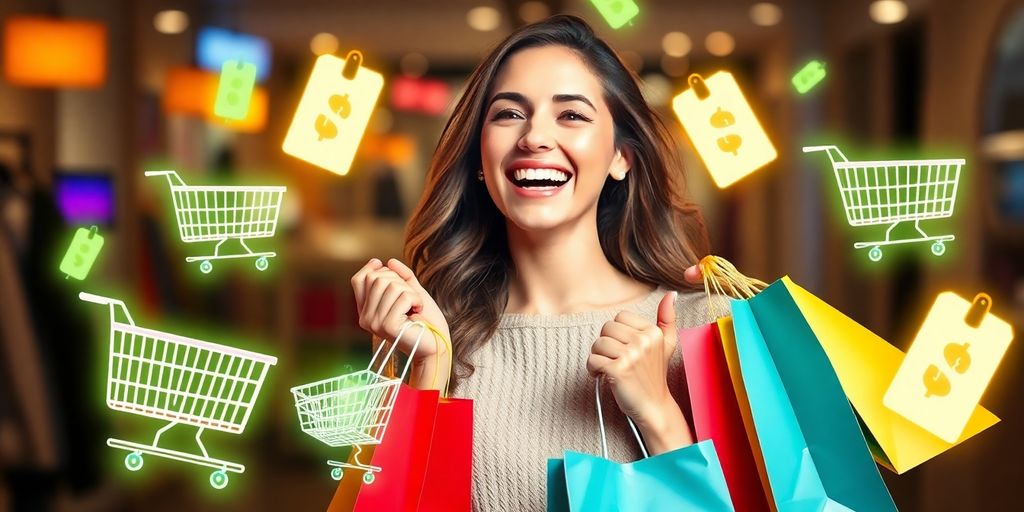 Woman smiling, holding shopping bags, with online deals.
