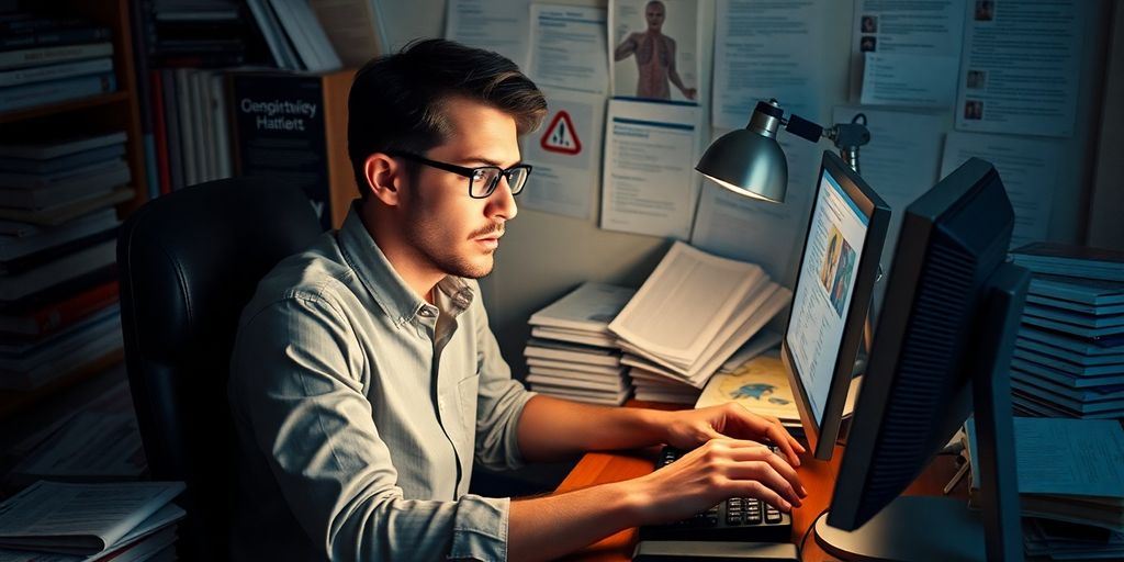 Person worriedly searching health information on a computer.