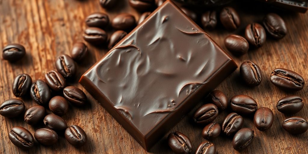 Dark chocolate bar with cocoa beans.
