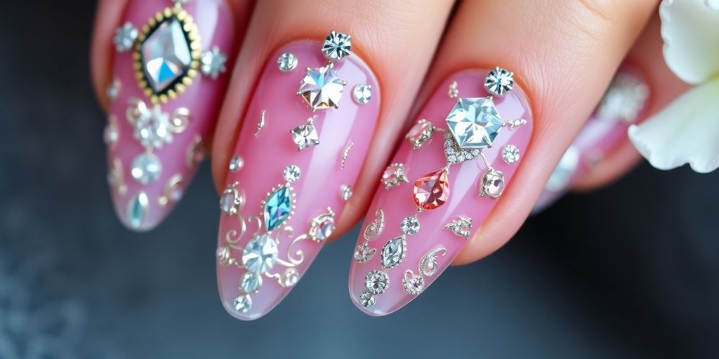 Close-up of glamorous bejeweled press-on nails.