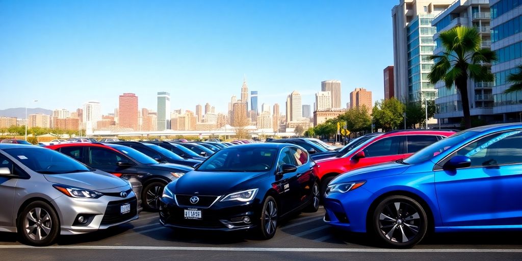 Diverse rental cars in a sunny urban environment.