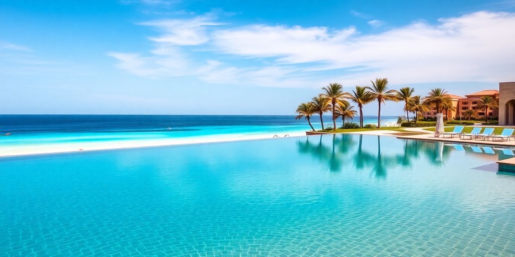 Luxury hotel pool overlooking a private beach in Cabo.