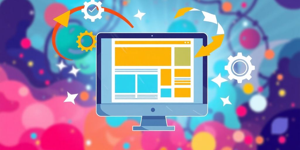 Illustration of a computer screen with changing website elements.