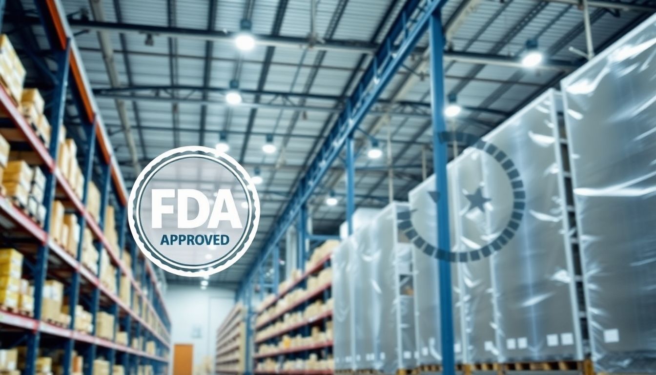 FDA seal on a modern warehouse storage facility.