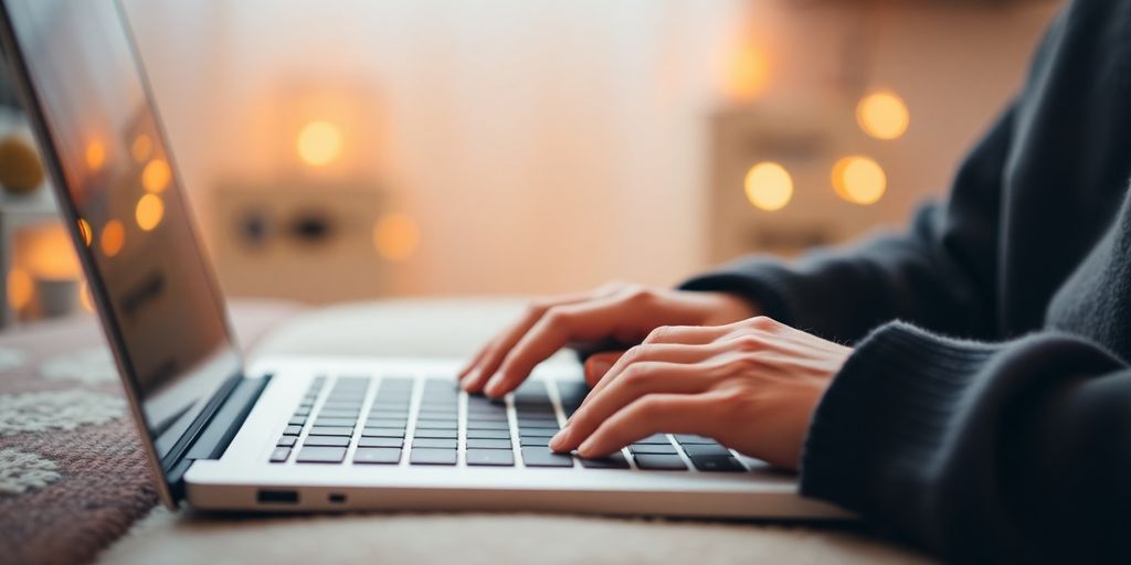 Pessoa digitando no laptop com cuidado e atenção.