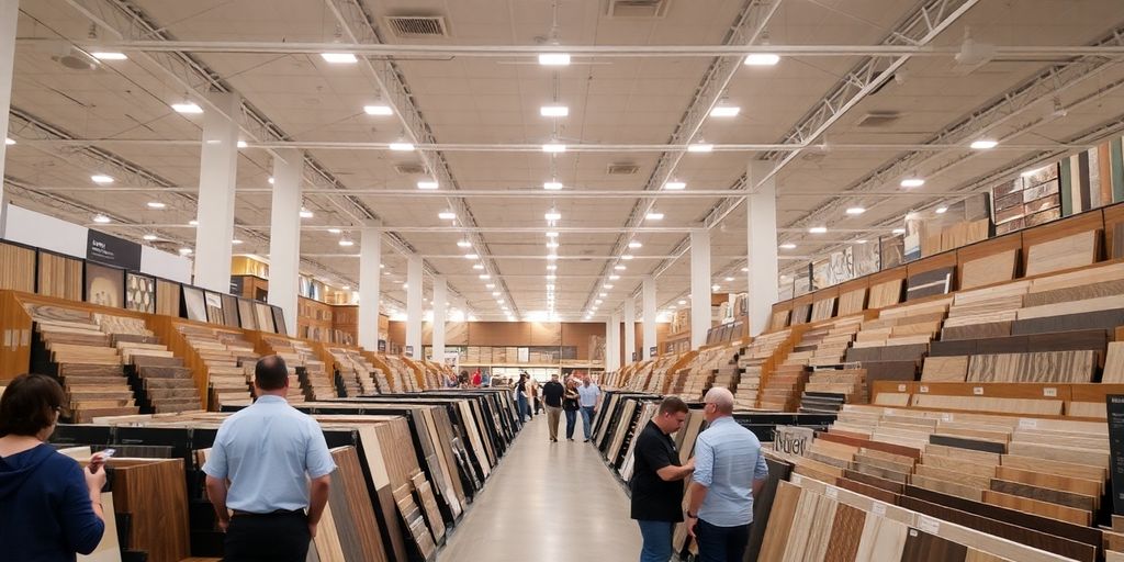 Brightly lit flooring store interior.