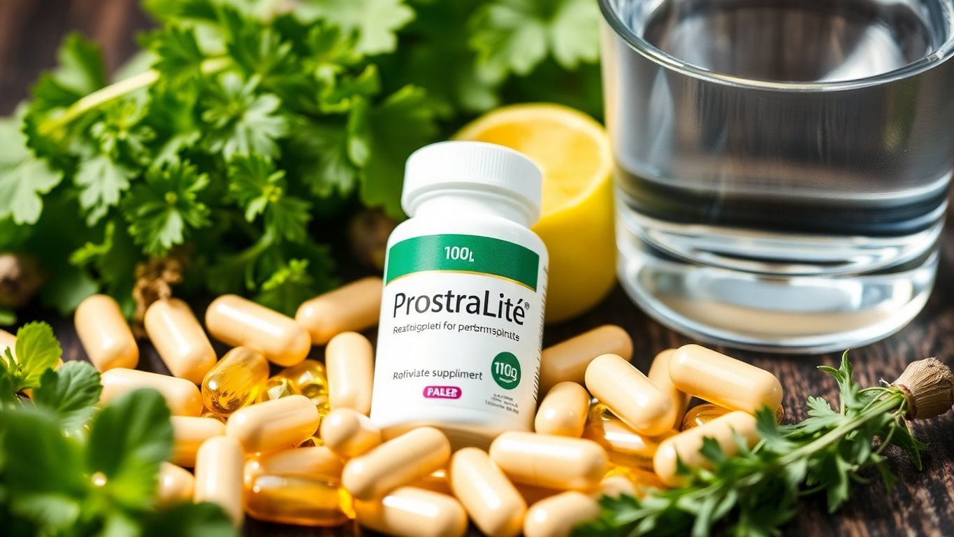 ProstaLite capsules with herbs and water in a photograph.