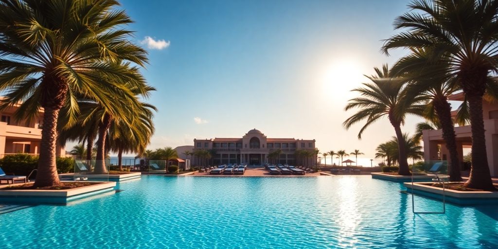 Luxury resort pool, ocean, and palm trees.