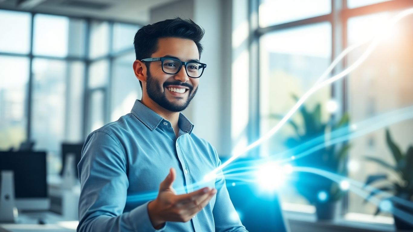 Small business owner smiling with digital automation interface