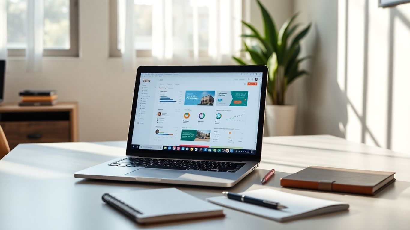 Zoho interface on a laptop at a desk.