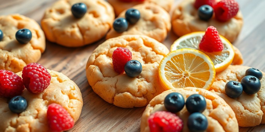 Assorted gluten-free vegan cookies with fresh fruit.