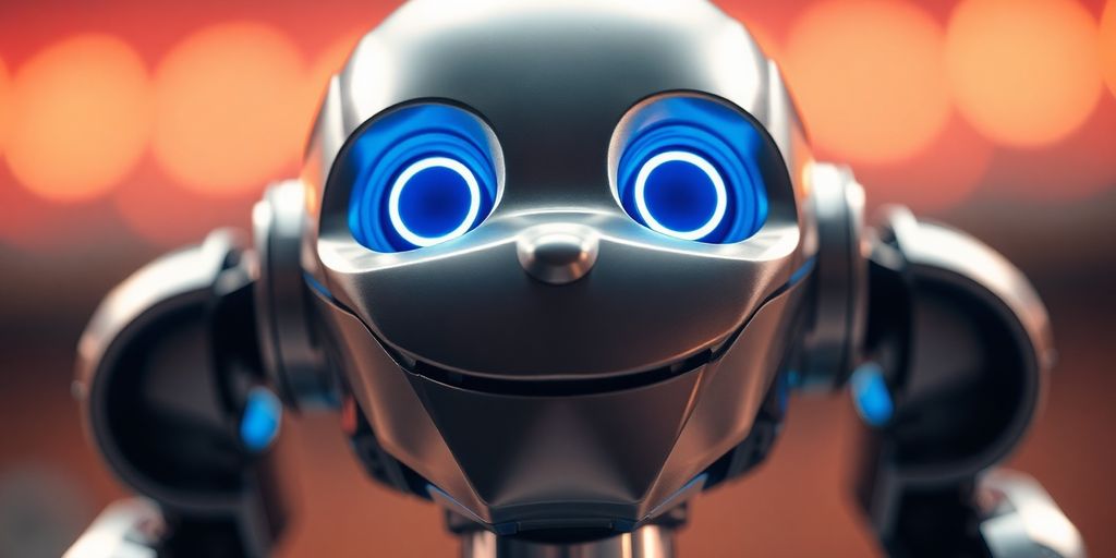 A friendly robot head with glowing blue eyes.